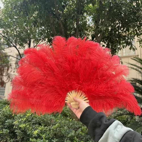 Abanico de plumas de avestruz naturales color rosa, 15 piezas, para carnaval, fiestas, espectáculos, bailes, plumas de avestruz esponjosas, plegable a mano, 70 x 40 cm, rojo, 1 unidad, 70 x 40 cm, d