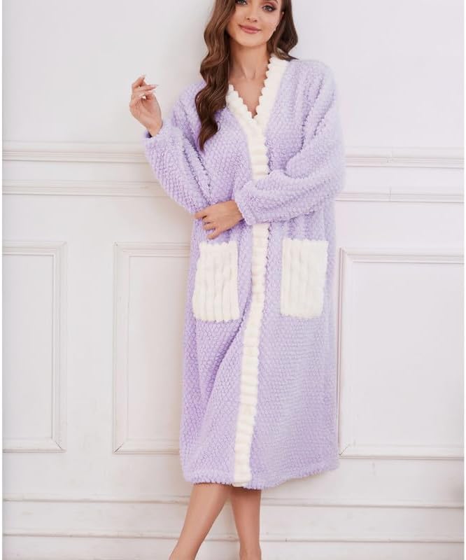LYCY Womens Plush Robe, Soft Fluffy Bathrobe for Women Winter Button Warm Loungewear - Image 3