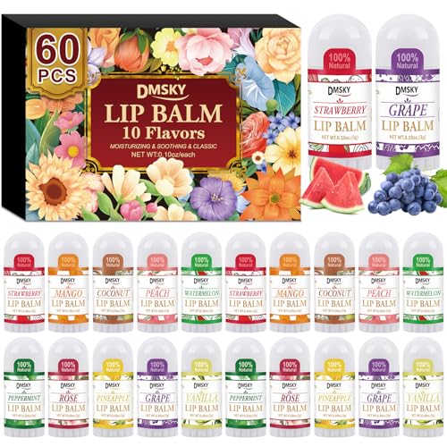 DMSKY Mini Lip Balm Bulk 60 Pack, Natural Lip Balm with Vitamin E and Coconut Oil, Perfect for Party...