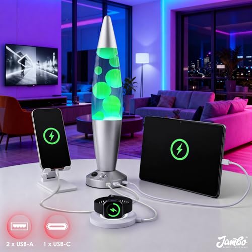 Image of JAMBO 16-Inch Beautiful Lamp with Wax, Relaxing Night Light Home Decor, Extra Tall, Living Room Office Bedroom Lamp for Adults, Teens, Kids (USB, Auto Shut Off, Silver Base, Blue Liquid, Yellow Wax)
