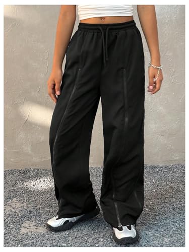 GORGLITTER Girl's Zip Up Track Pants Y2K Color Block High Waisted Baggy Wide Leg Parachute Pants3