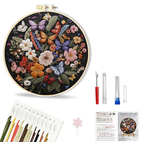 Image of Huacan Embroidery Kit for Beginners Adults Includes Stamped Flowers Butterfly Pattern, Hoop, Color Threads,Tools,Easy to Follow Instruction