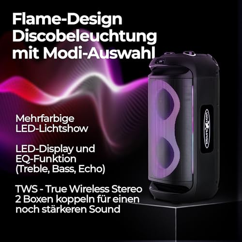 Reflexion PSX40BT Mobiler Buetooth Partylautsprecher, DJ, Karaoke, 500 Watt, FM PLL Stereo Radio, Discobeleuchtung mit Modi-Auswahl, inkl. Mikrofon, Lithium Akku