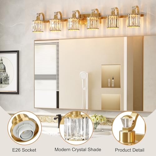 Image of GarveeTech Crystal Gold Bathroom Vanity Light 6 Light Modern Bathroom Light Fixtures Over Mirror Modern Crystal Vanity Lighting