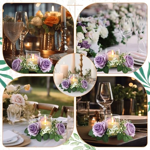 Yunlly 12 Pcs Rose Candle Rings with Flameless Candles Sets, Artificial Flower Eucalyptus Wedding Centerpiece 3 Inch Pillar Candleholders Wreaths for Wedding Party Mother's Day (Purple) by Yunlly - Image 7