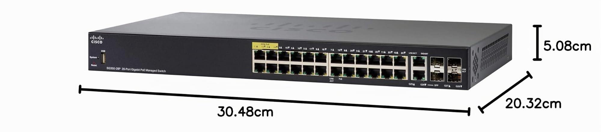 Commutateur géré Cisco SG350-28P, avec 28 ports Gigabit (GbE), combine 24 ports Gigabit Ethernet RJ45, 2 connecteurs SFP et 2 ports Gigabit Ethernet, plus 195 W PoE, protection à vie limitée (SG350-28P-K9-EU)