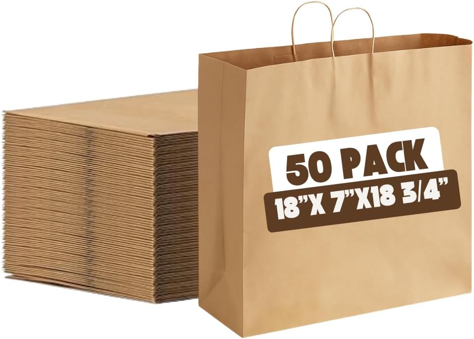 18" x 7" x 18 3/4" Natural Krafting Brown Paper Customizable Shopping Bag with Handles, Shopping To Go Bags (50)