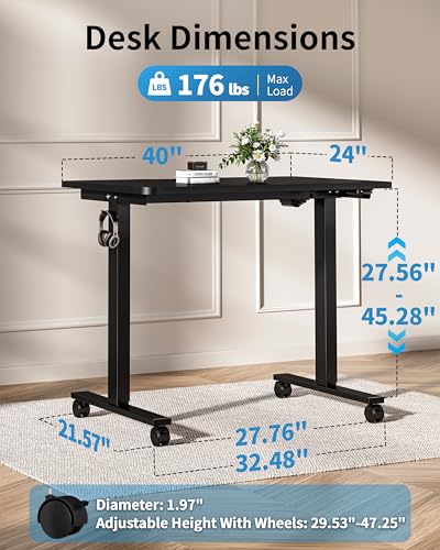 Image of Okin Electric Standing Desk, 40 x 24 Inches Whole Piece Height Adjustable Desk, Black Sit to Stand Desks Computer Workstation with Wheels for Home Office