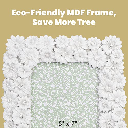 Guoer 5X7 Flower Textured Hand-Crafted Resin Picture Frame With Easel & Hook For Tabletop & Wall Display, Decorative Floral Design Home Décor, Photo Gallery, Art (White Daisy) #TOP5