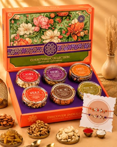 Hyperfoods® Rakhi With Dry Fruits Set Rakhi Set for Brother 745g (Box Weight 960 Grams) RawFruit Courtyard Collection Pack of 6 Dry Fruits Gift Box Set of 2 Rakhis DryFruits Gift Pack Dry Fruit Gift Hamper For Brother