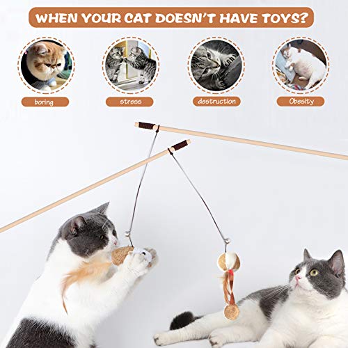 3 Pcs Cat Wand Toys, 16 Inch Natural Wooden Cat Teaser Wand Toys With 5 Pcs Silvervine Sticks For Cat, Interactive Cat Feather Wand Toy For Indoor Cats, Elastic String Cat Pole Toy With Bell, Feather #TOP4