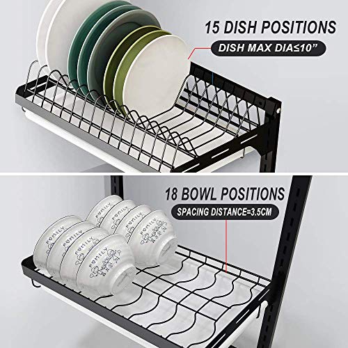 Junyuan Hanging Dish Drying Rack Wall Mount Dish Drainer,3 Tier Kitchen Plate Bowl Spice Organizer Storage Shelf Holder With Drain Tray With 3 Hooks,Stainless Steel Black Coating (3 Tier, 21.8) #TOP3