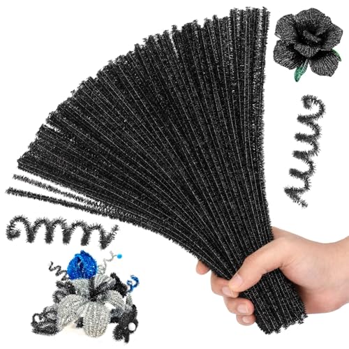 Image of Hssugi 100PCS Pipe Cleaners, Glitter Black Chenille Stems Craft Supplies | Chenille Stems Pipe Cleaners, Pipe Cleaners Bulk for Hair Fuzzy Sticks for DIY Art and Craft Projects Home Decoration