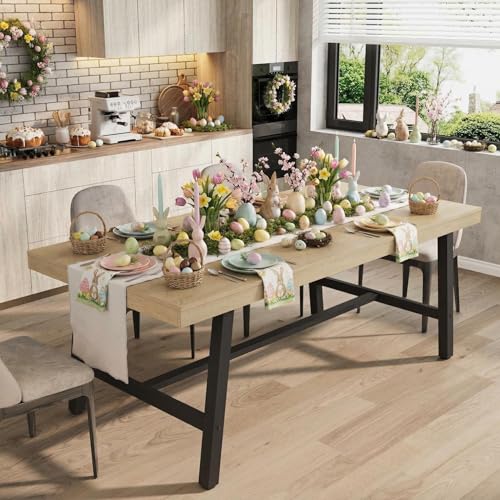 70” Large Dining Table for 6-8 People, Rustic Industrial Farmhouse Kitchen Table, Rectangle Wooden Dining Room Table with Heavy-Duty Metal Frame, St