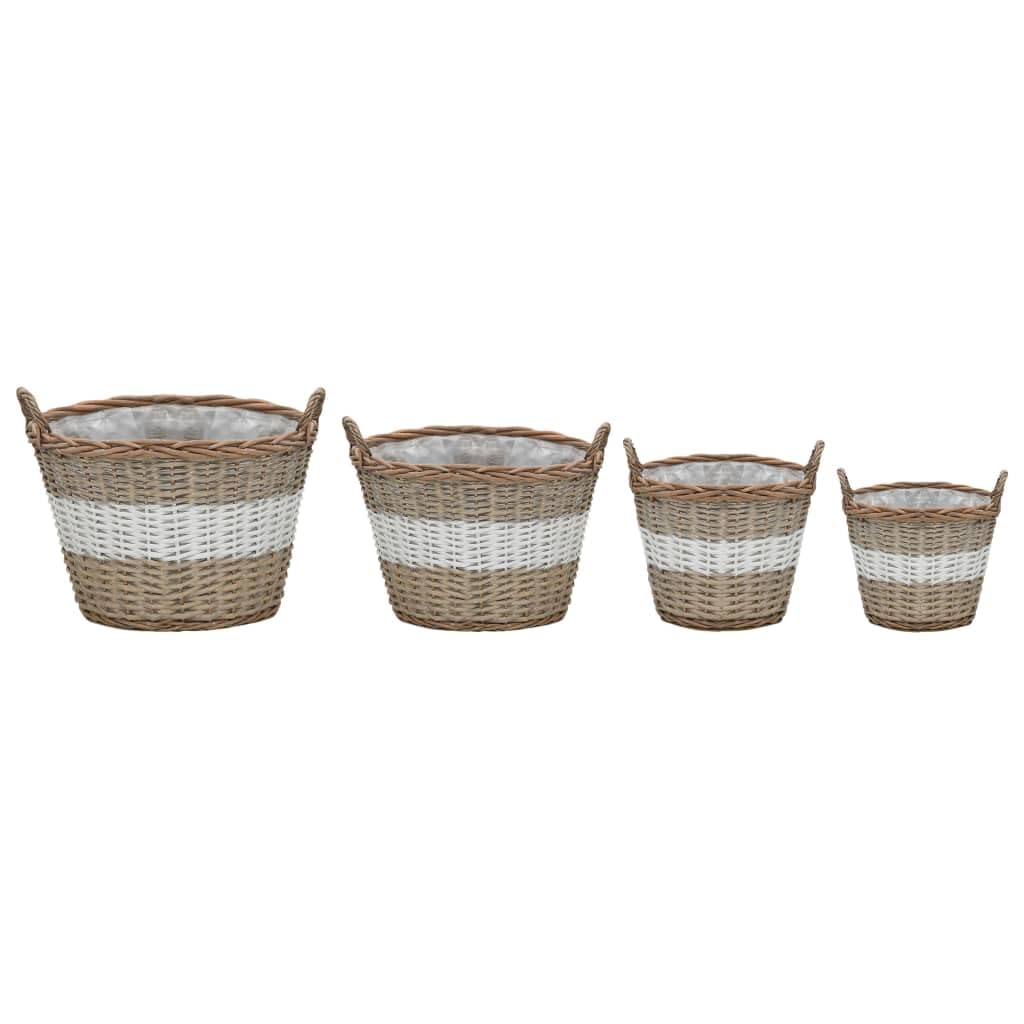 Juego de 4 maceteros de mimbre de mimbre hechos a mano con forro de polietileno, diseño moderno para balcón, jardín y terraza (22 – 40 cm), color marrón y blanco
