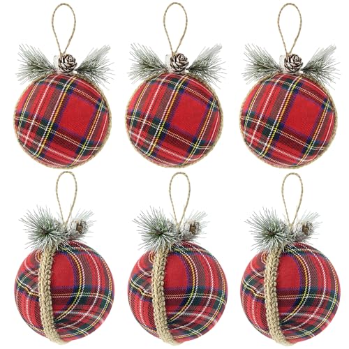 basege 4'' Plaid Pinecone Christmas Balls, 6pcs Rustic Natural Jute Burlap Balls for Xmas Trees Holiday Decorations
