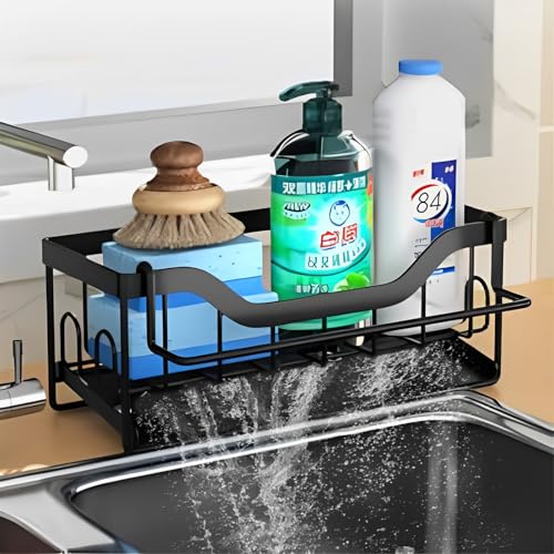 YYAOEMI Stainless Steel Sink Caddy Organiser with Self Draining Tray, Sink Storage Rack with Dishcloth Hanger for Kitchen, Countertop, Bathroom (Black)