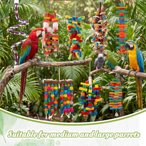 Image of Seenelling 8 Pcs Extra Large Bird Toys for Parrots, Mixed | Multicolored Natural Wooden Blocks & Beads Bells, Bird Cage Chewing Toys for Large Medium Macaws African Grey Cockatoos
