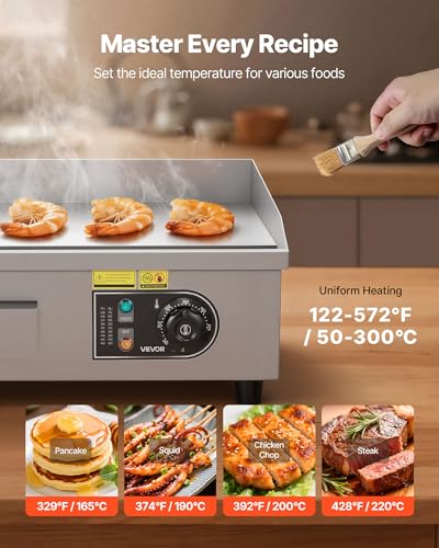 Image of VEVOR Commercial Electric Griddle, 17.72 x 11.81 inch, 1750W, 122-570F Adjustable Temp Control, Stainless Steel Countertop Flat Top Grill with 2 Spatulas, 2 Brushes, and 4 Foot Pads, for Steak