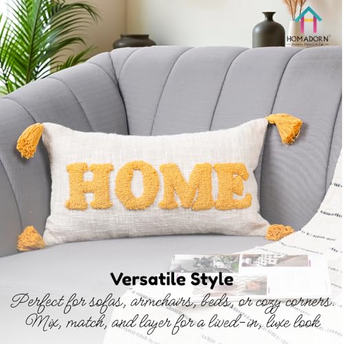 Image of HOMADORN 100% Cotton Text Pattern Handtufted /Embroided Decorative Cushion Cover (12X20 Inches) (2, Home Yellow)