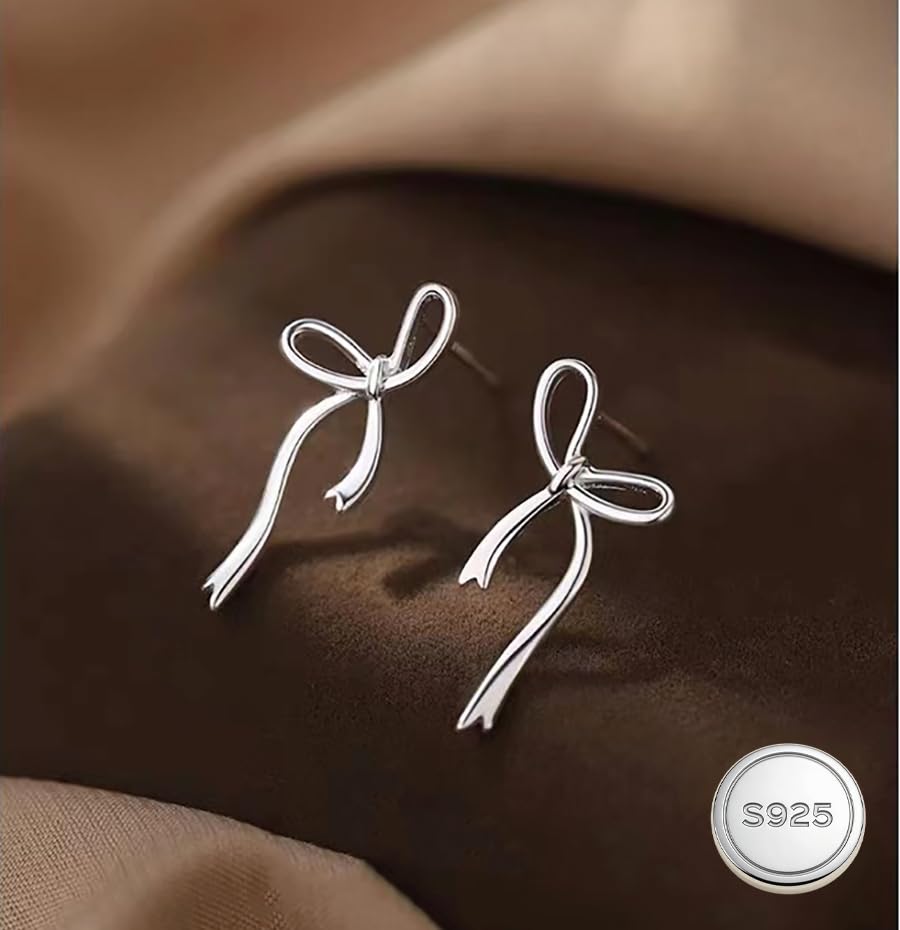 Image of Reffeer Solid 925 Sterling Silver Bow Stud Earrings Ribbon for Women Teen Girls Bowknot Stud Earrings Drops