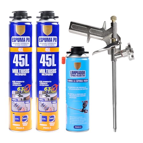 H HANSEL HOME Set Completo de Espuma de Poliuretano - Incluye 1 Pistola de Espuma Poliuretano, 2 Botes Espuma Poliuretano 750ml y 1 Limpiador de Espuma 500ml