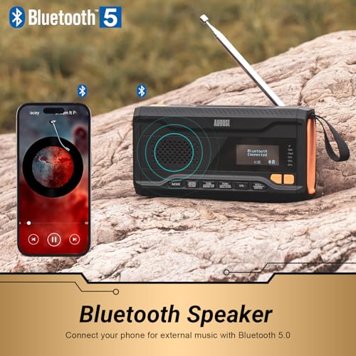 Kurbelradio DAB/FM/Bluetooth -August MB290B- Solar Radio 4500mAh wiederaufladbare Powerbank, 3 Modi LED Taschenlampe Sleeptimer SOS-Alarm 3.5mm Notfallradio mit Handkurbel für Camping Wandern Zelten