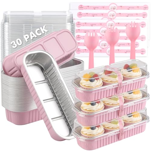 LepoHome 30 Pack Mini Loaf Cake Pan with Lids and Spoons, 6.8oz Small Disposable Aluminum Cake Tin Foil Pans, Rectangular Mini Loaf Bread Pans with Lids for Baking,Party,Picnics,Holidays (Pink)