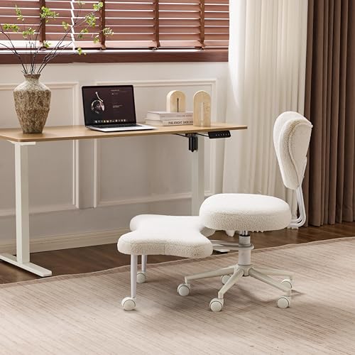 Image of Ergonomic Cross Legged Office Chair with Wheels, ADHD Chair for Adults, Meditation Chair, Yoga Office Chair, Comfortable Back Support, Height Adjustable,Small Spaces,Teddy Fleece-Beige