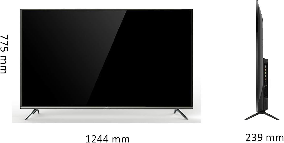 Dimensions of TCL 55EP640 Smart TV, showing front view with 1244 mm width and side view with 775 mm height and 239 mm depth.