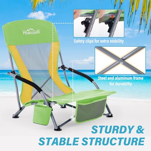 Silla plegable portátil para playa Homcosan - silla ligera para camping para adultos con portavasos y bolsillo de almacenamiento, incluye bolsa de transporte (Verde y amarillo) miniatura 5