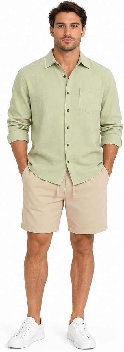 ODIZLI Men's Summer Outfits Long Sleeve Button Down Shirt and Shorts Set