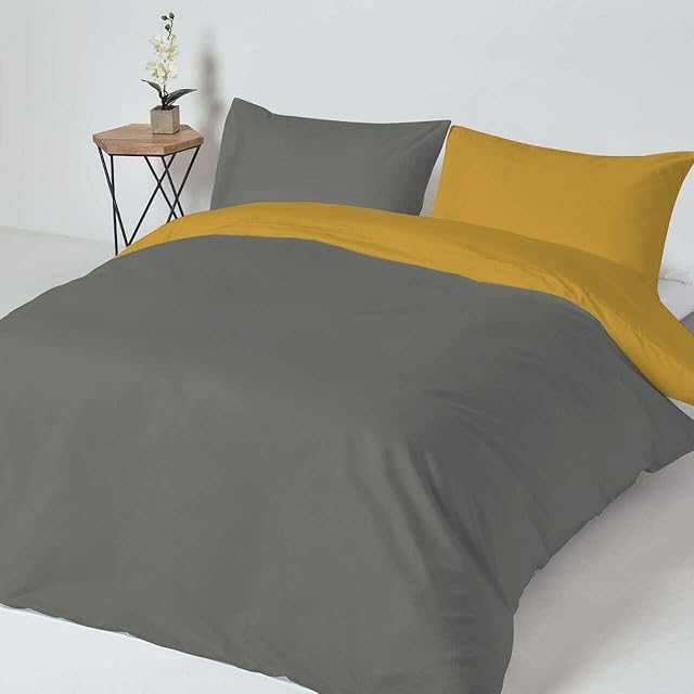Grey Mustard Duvet Cover Set, Reversible Bed Set, Super Soft Quilt Cover Bed Set Polycotton Duvet Cover King Size (Single)