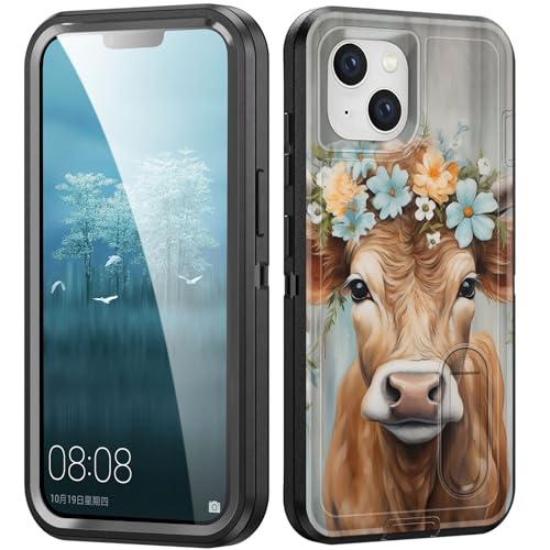 Coque iPhone 15 avec béquille intégrée et motif vache des Highlands floral