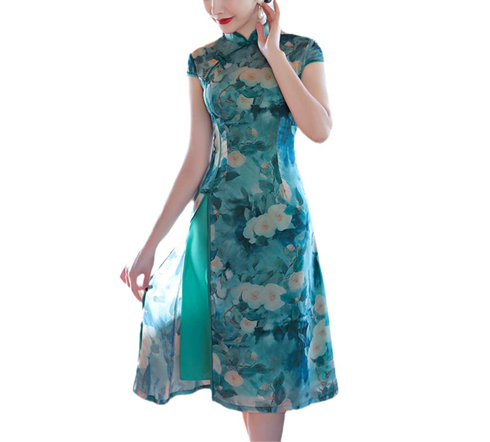 Robe chinoise en mousseline de soie fleurie Qipao mi-longue élégante