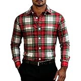 Men's Christmas Plaid Shirts Holiday Long Sleeve Button Down Shirts Casual Xmas Lapel Shirt Fashion Vacation Jacket Red