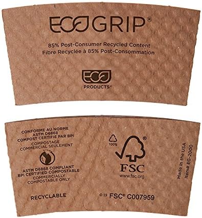 Eco-Products EcoGrip Compostable Hot Cup Sleeves, Brown, Case of 1300 (EG-2000), 3.5 inches