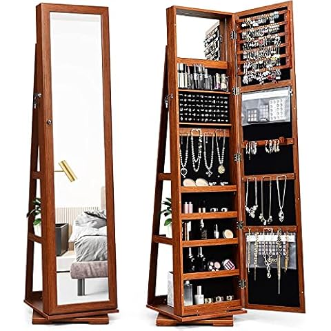 FANTASK 360°Rotating Jewelry Cabinet, Lockable Standing Jewelry Organizer w/Full Length Mirror, Inside Mirror & Rear Storage Shelves, Large Storage Capacity, Jewelry Armoire w/Mirror for Bedroom Cover