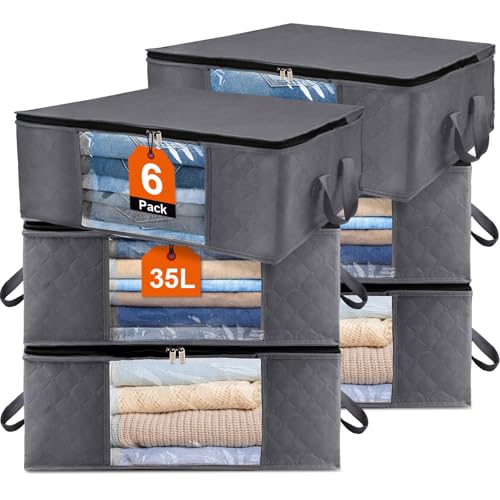 Withosent 6 Stück 35L Aufbewahrungstasche Schrank Organizer Set, Faltbare Kleideraufbewahrung mit Verstärktem Griff, Stabiler Reißverschluss für Kleidung, Bettwäsche, Bettdecken, Steppdecke