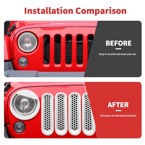 Image of Mesh Grille Grill Insert+Headlight Turn Light Cover Trim Fit for 2007-2018 Jeep Wrangler JK JKU(White,Style A)