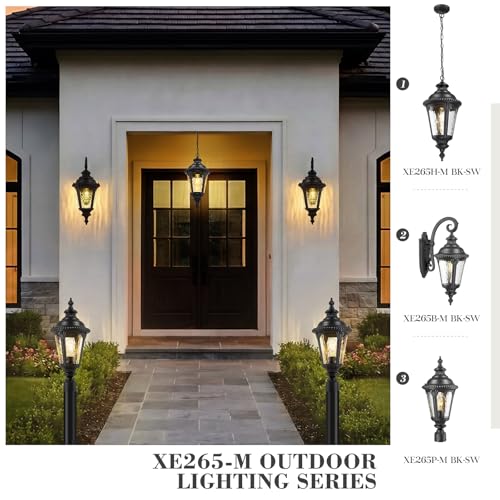 Image of Emliviar 24.4 inch Classic Black Outside Porch Sconce Lighting, Water Ripple Glass Outdoor Light Fixture Wall Lamp for Hallway, E26 Base 60W Max, XE265B-M BK-SW