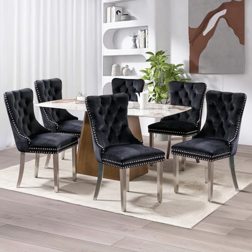 SoarFlash Ensemble de 6 Chaises de Salle à Manger en Velours, Dossier à Ailes, piquetage à Boutons, Garniture rivetée, Anneau de Dossier et Jambes en métal...