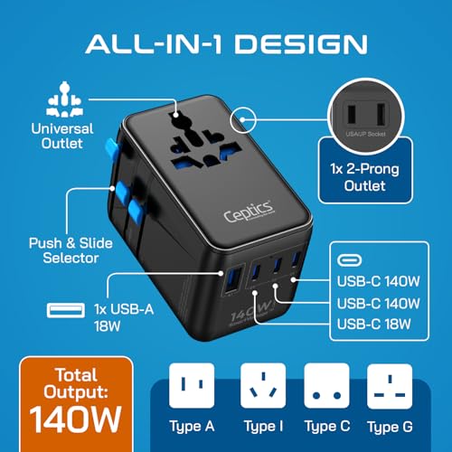 Image of Ceptics 6 in 1 International Power Adapter with PD 140W USB-C, 1x USB-A, 3X Type C, Universal Input and 1x USA /JP Input with Type A, C, G, I Plug outlets for Global Travel - CE & RoHS Certified