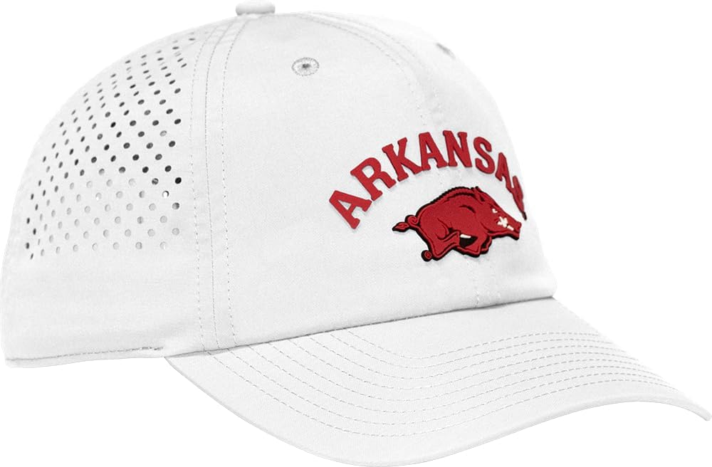 Desert Cactus University of Arkansas Snapback Baseball Hat, UARK Razorbacks Unstructured BreezePro Performance Hat with Adjustable Silicone Strap (Design BP3-White)