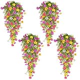 TURNMEON 4 Pcs Artificial Flowers for Outdoors Spring Summer Decor, Fake Hanging Flower Plants UV Resistant Faux Plastic Realistic Silk Flower for Outside Gardens Porch Planter Patio Yard Home Indoor