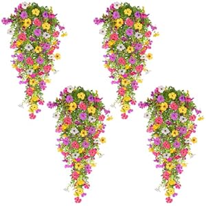 TURNMEON 4 Pcs Artificial Flowers for Outdoors Spring Summer Decor, Fake Hanging Flower Plants UV Resistant Faux Plastic Realistic Silk Flower for Outside Gardens Porch Planter Patio Yard Home Indoor