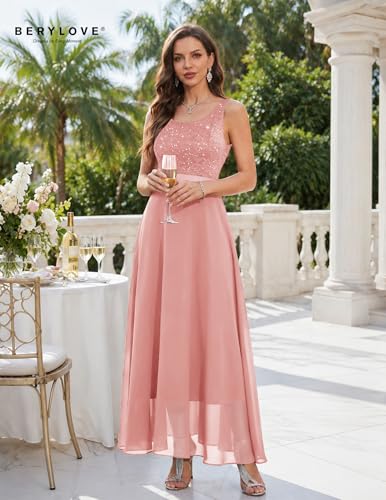 Image of BeryLove Sequin Dress for Woman Vintage A Line Wedding Formal Swing Mesh Dress Sleeveless Cocktail Maxi Gowns