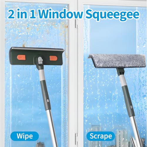 Image of Window Squeegee 81 inch High Reach Extension Pole Window Cleaner Tool | Window Cleaning Kit with Rotatable Head, Bendable Head for Indoor Outdoor Car Sliding Door Shower Glass Cleaning