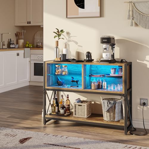Bestier Coffee Corner Bar Cabinet for Living Room, Sideboard Table Buffet with LED Console Table with Open Storage & Glass Shelves, Display Shelf Kitchen,(Wood)