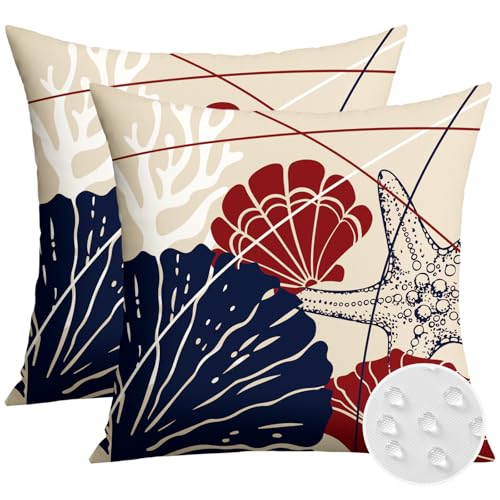 OTOSTAR Set of 2 Outdoor Throw Pillow Covers 20x20 Inch Waterproof Seashell Coral Starfish Decorative Pillow Covers Garden Decor Square Cushion Cases for Bench Patio Furniture Couch Sofa Dark Blue Red by OTOSTAR - Used condition - US$11.03